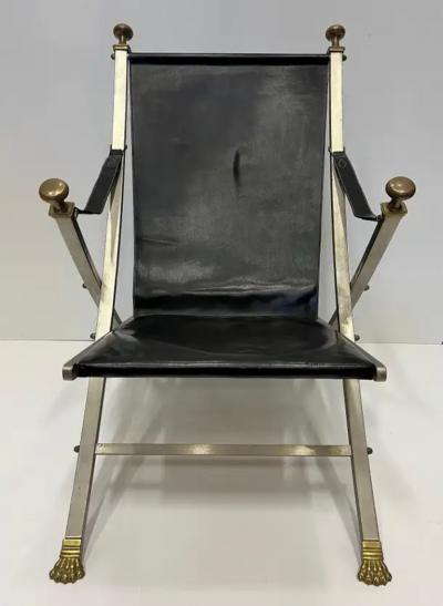 Maison Jansen 1960s Maison Jansen Steel Bronze Leather Campaign Chair by Otto Parzinger