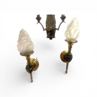 Maison Jansen 1960s Pair of bronze and glass sconces by Jansen