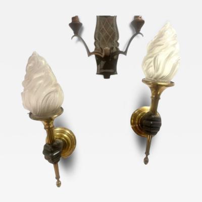 Maison Jansen 1960s Pair of bronze and glass sconces by Jansen