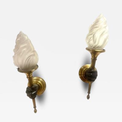 Maison Jansen 1960s Pair of bronze and glass sconces by Jansen