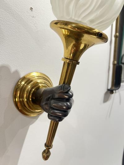 Maison Jansen 1960s Pair of bronze and glass sconces by Jansen