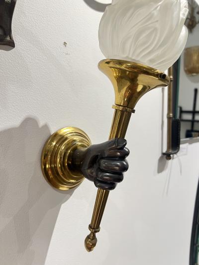 Maison Jansen 1960s Pair of bronze and glass sconces by Jansen