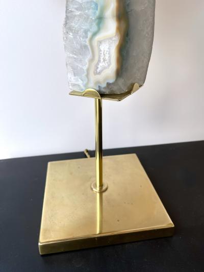 Maison Jansen Contemporary Pair of Brass Lamps Blue Agate Stone Rattan Shades Italy