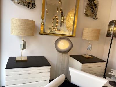 Maison Jansen Contemporary Pair of Brass Lamps Blue Agate Stone Rattan Shades Italy