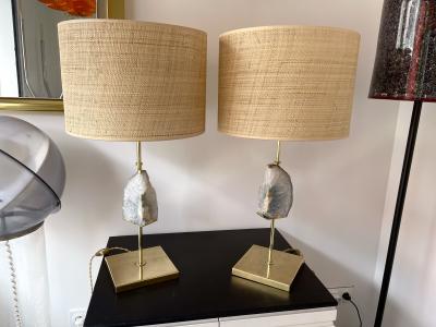 Maison Jansen Contemporary Pair of Brass Lamps Blue Agate Stone Rattan Shades Italy