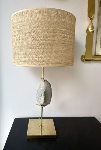 Maison Jansen Contemporary Pair of Brass Lamps Blue Agate Stone Rattan Shades Italy