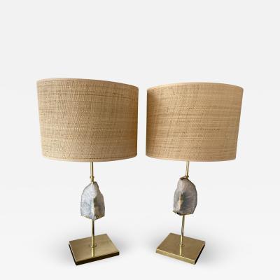 Maison Jansen Contemporary Pair of Brass Lamps Blue Agate Stone Rattan Shades Italy