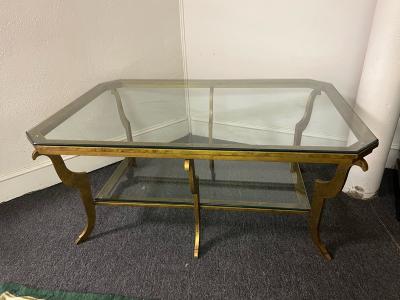 Maison Jansen EXCEPTIONAL FRENCH MODERNE GILT IRON AND GLASS TWO TIER TABLE