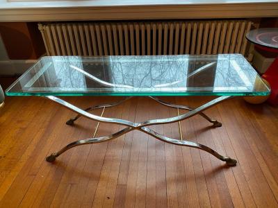 Maison Jansen EXCEPTIONAL NICKEL AND BRASS X BASE COFFEE TABLE BY MAISON JANSEN