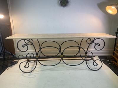 Maison Jansen EXCEPTIONAL TRAVERTINE MARBLE BLACK IRON AND BRASS CONSOLE