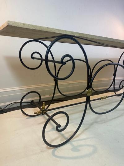 Maison Jansen EXCEPTIONAL TRAVERTINE MARBLE BLACK IRON AND BRASS CONSOLE