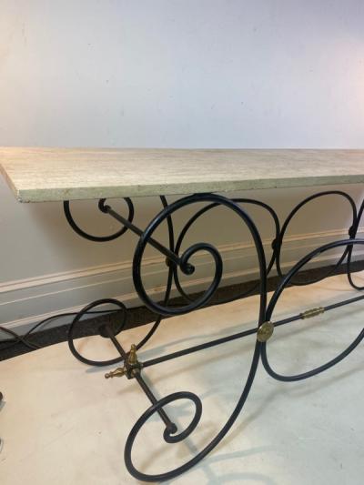 Maison Jansen EXCEPTIONAL TRAVERTINE MARBLE BLACK IRON AND BRASS CONSOLE