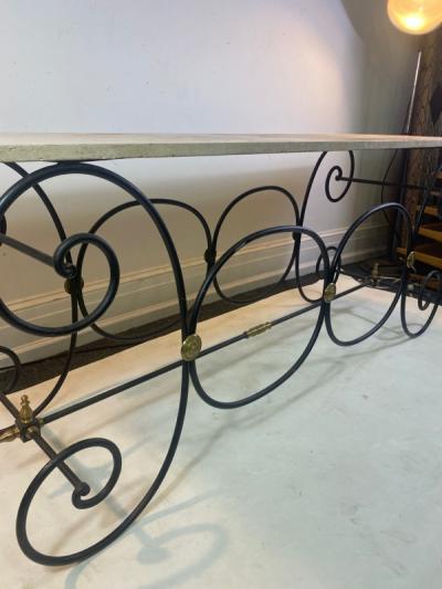 Maison Jansen EXCEPTIONAL TRAVERTINE MARBLE BLACK IRON AND BRASS CONSOLE