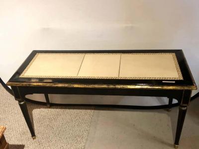 Maison Jansen Ebonized Jansen Style Coffee Table with a Greek Key Design and Leather Top