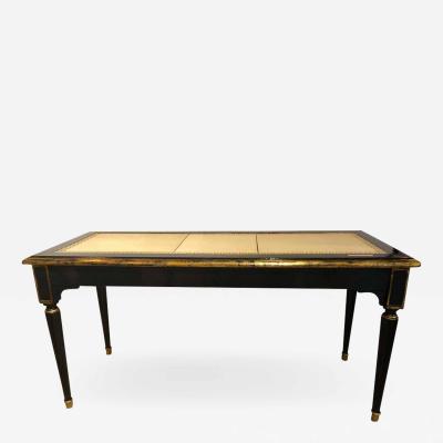 Maison Jansen Ebonized Jansen Style Coffee Table with a Greek Key Design and Leather Top