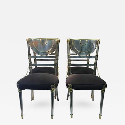Maison Jansen Exceptional Set of Four Steel Dining Chairs with Brass Accents by Maison Jansen