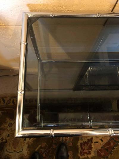 Maison Jansen Faux Bamboo Chrome Two Tier Console Table with Smoke Glass Tops Manner of Jansen