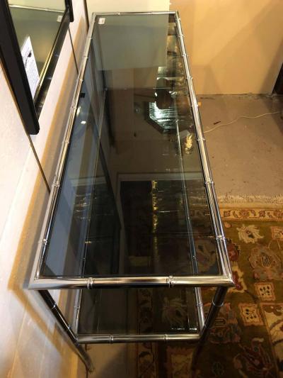 Maison Jansen Faux Bamboo Chrome Two Tier Console Table with Smoke Glass Tops Manner of Jansen