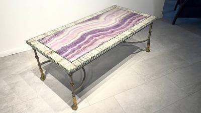 Maison Jansen Fine French Faux Marble Steel and Brass Coffe Table Maison Jansen