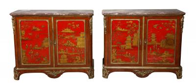 Maison Jansen Fine Pair of French Gilt Bronze Mounted Red Lacquer Chinoiserie Cabinets