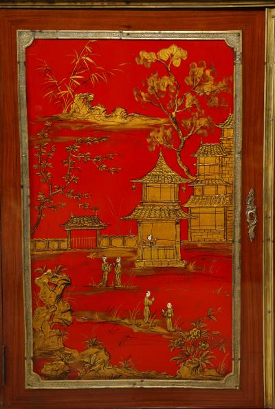 Maison Jansen Fine Pair of French Gilt Bronze Mounted Red Lacquer Chinoiserie Cabinets
