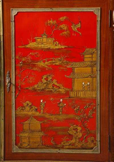 Maison Jansen Fine Pair of French Gilt Bronze Mounted Red Lacquer Chinoiserie Cabinets