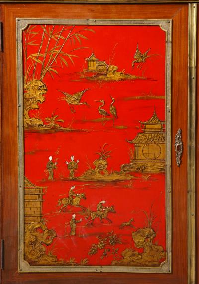 Maison Jansen Fine Pair of French Gilt Bronze Mounted Red Lacquer Chinoiserie Cabinets