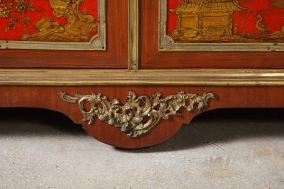 Maison Jansen Fine Pair of French Gilt Bronze Mounted Red Lacquer Chinoiserie Cabinets