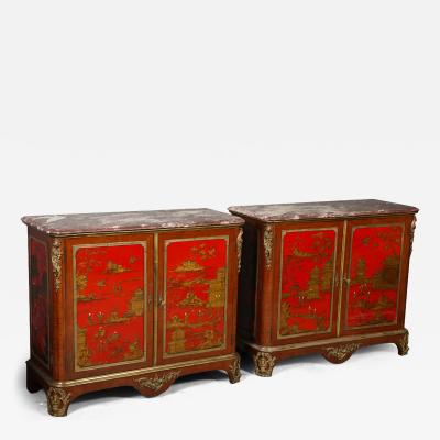 Maison Jansen Fine Pair of French Gilt Bronze Mounted Red Lacquer Chinoiserie Cabinets