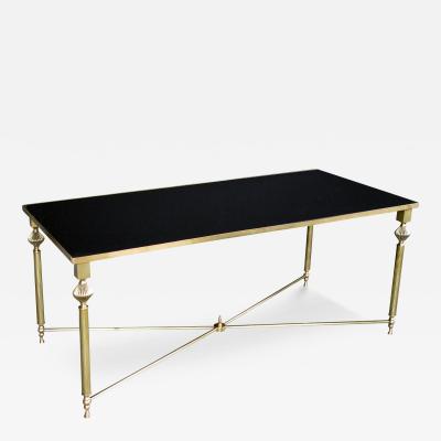 Maison Jansen French 1940s Brass Rectangular Coffee Table with Black Glass Top