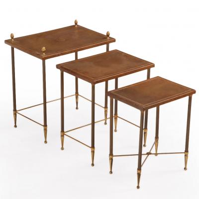 Maison Jansen French Brass Leather Nesting Tables in the Manner of Maison Jansen C 1960