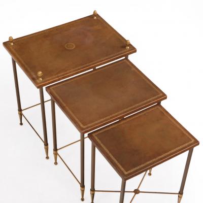 Maison Jansen French Brass Leather Nesting Tables in the Manner of Maison Jansen C 1960