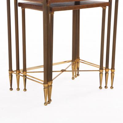 Maison Jansen French Brass Leather Nesting Tables in the Manner of Maison Jansen C 1960