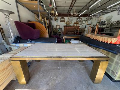 Maison Jansen French Modern Brass And Travertine Dining Table