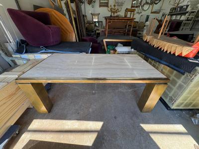 Maison Jansen French Modern Brass And Travertine Dining Table