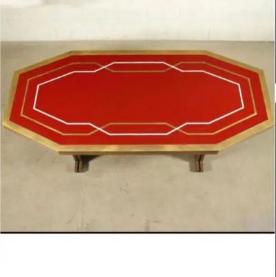 Maison Jansen French Modern Neoclassical Brass Red Lacquer Dining Table Maison Jansen 1970