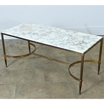 Maison Jansen French White Marble Brass Coffee Table in the Maison Jansen Style