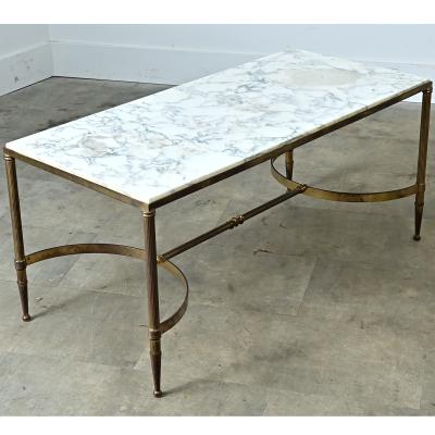 Maison Jansen French White Marble Brass Coffee Table in the Maison Jansen Style