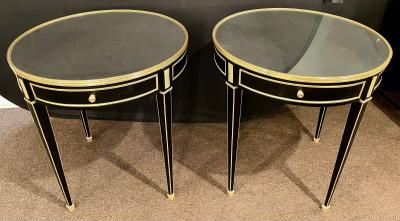 Maison Jansen Hollywood Regency Ebony Bouillotte or End Tables Manner Jansen Mirror Tops Pair
