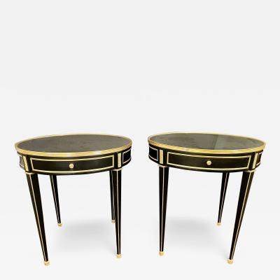 Maison Jansen Hollywood Regency Ebony Bouillotte or End Tables Manner Jansen Mirror Tops Pair