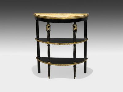 Maison Jansen Hollywood Regency Ebony Painted Wood Onyx Demilune Console Tables 1930s