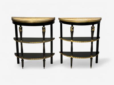Maison Jansen Hollywood Regency Ebony Painted Wood Onyx Demilune Console Tables 1930s