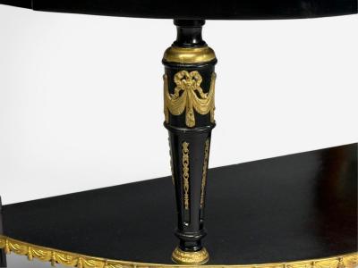 Maison Jansen Hollywood Regency Ebony Painted Wood Onyx Demilune Console Tables 1930s