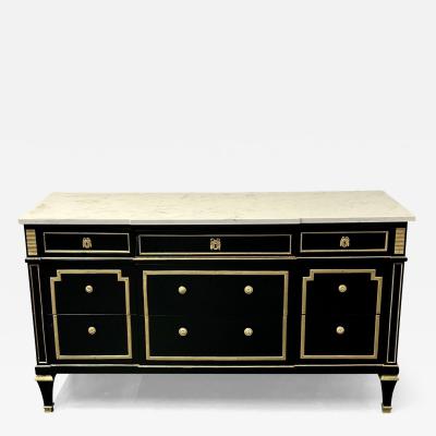 Maison Jansen Hollywood Regency Jansen Style Ebony Commode Chest Marble Top Bronze Mounted