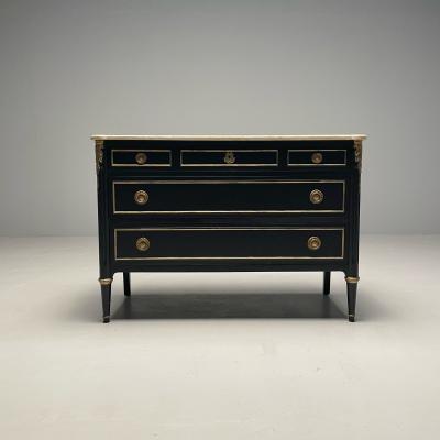 Maison Jansen Hollywood Regency Maison Jansen Stamped Ebony Chest Commode Marble Top