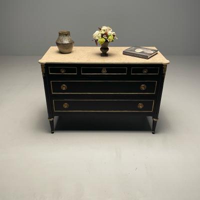 Maison Jansen Hollywood Regency Maison Jansen Stamped Ebony Chest Commode Marble Top