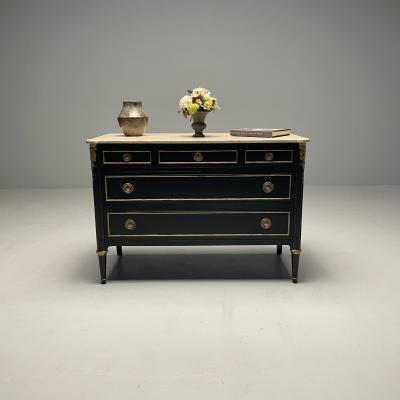 Maison Jansen Hollywood Regency Maison Jansen Stamped Ebony Chest Commode Marble Top