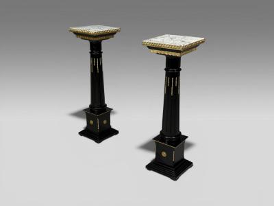 Maison Jansen Hollywood Regency Marble Top Pedestals Ebonized Wood Bronze France 1960s