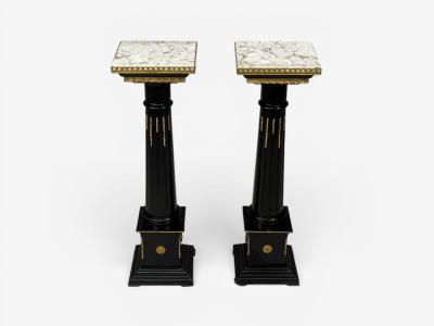 Maison Jansen Hollywood Regency Marble Top Pedestals Ebonized Wood Bronze France 1960s