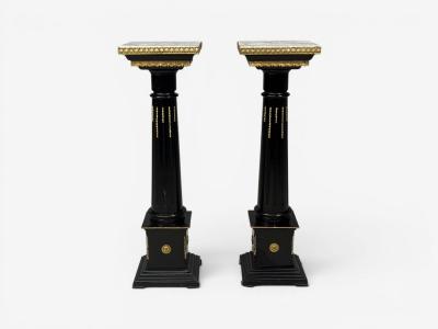 Maison Jansen Hollywood Regency Marble Top Pedestals Ebonized Wood Bronze France 1960s